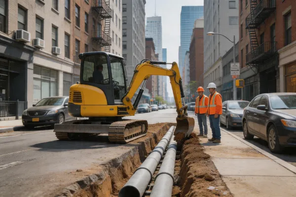 Mini excavator at urban jobsite
